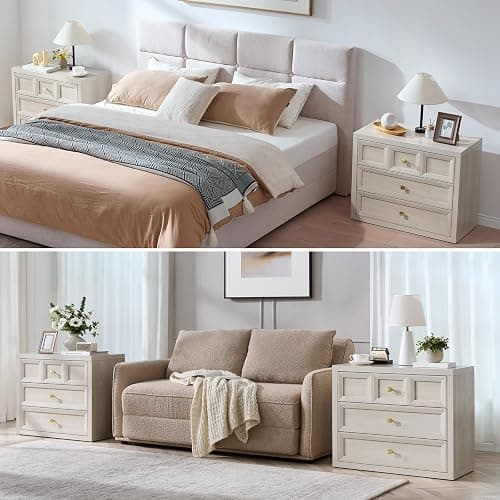 3 Drawers Nightstand with Charging Station, 30.7" King Size Bedside Table with 3 Drawers, Accent End Table W/Large Storage, Modern Wood Side Table for Bedroom,Office, Beige (1 Piece, Beige) thumbnail 3