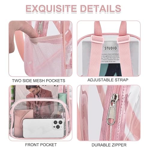 Busiuw Clear Backpack for Stadium Events Clear Backpack 12x12x6 with Front Pocket for Concert Sport Events Work Travel (Pink) thumbnail 3