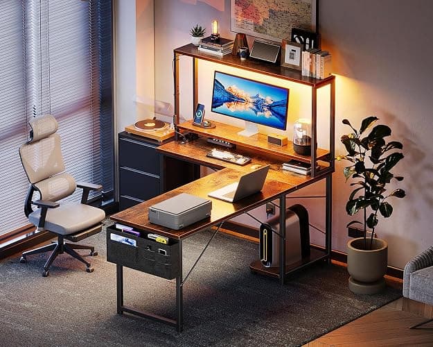 AODK L Shaped Desk Gaming Desk with LED Light & Power Outlet, 53 Inch Reversible L Shaped Computer Table with Shelf & Storage Bag & Hook for Home Office, Vintage thumbnail 7