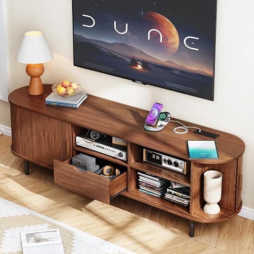 ONBRILL 69" TV Stand with Power Outlet for TVs up to 80", Entertainment Center with Storage and Drawer, TV Console with Adjustable Shelves and Sliding Door, TV Stand for Living Room, Bedroom, Walnut thumbnail 3