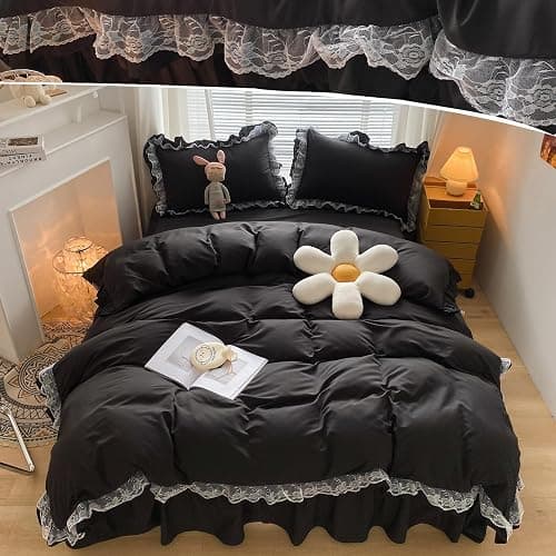 Black Ruffle Duvet Cover Sets 3 Pieces Lace Bedding Set with 2 Pillowcases Double Soft Breathable Microfiber Duvet Cover 200 x 200 cm - Image 1