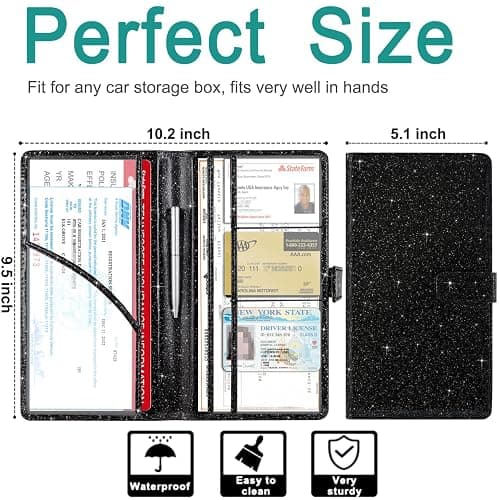 RSAquar Car Registration and Insurance Holder, Vehicle Glove Box Organizer Cool Car Accessories, Auto Truck Document Holder for Cards, Driver License, Black Glitter thumbnail 3