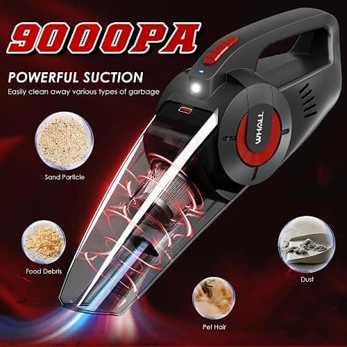 whall Handheld Cordless Car Vacuums, Wet and Dry Use 9000Pa Strong Suction Vacuums, Rechargeable Portable Vacuum Cleaner with LED, Charging Dock, Lightweight Mini Vacuum for Car, Home and Office, Red thumbnail 3