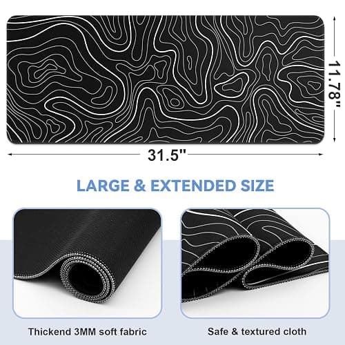 DIGSOM Mouse Pad Gaming Mousepad 31.5 x 11.8in Large Mouse Pad for Keyboard and Mouse with Anti-Slip Rubber Base, Keyboard Pad XL Mouse Mat for Home and Office（Black with White Topographic Line） thumbnail 2