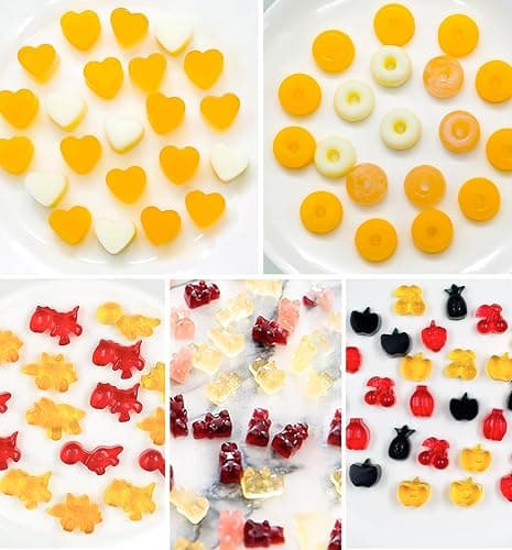 5 PCS Gummy Candy Molds Silicone, Food Grade Non-Stick Gummy Bear Mold Mini Fruit Snacks Molds BPA Free with 2 Droppers Including Mini Dinosaur, Bear, Heart, Fruit and Donut (Multicolor) thumbnail 5