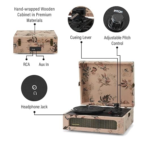 Crosley CR8017B-FL Voyager Vintage Portable Vinyl Record Player Turntable with Bluetooth in/Out and Built-in Speakers, Floral thumbnail 3