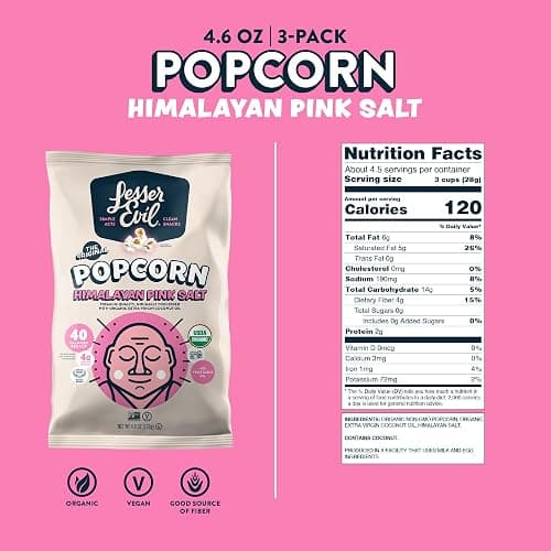 LesserEvil Himalayan Pink Salt Organic Popcorn, Premium Quality, Minimally Processed, No Vegetable Oil, 4.6 Oz, (Pack of 3) thumbnail 2