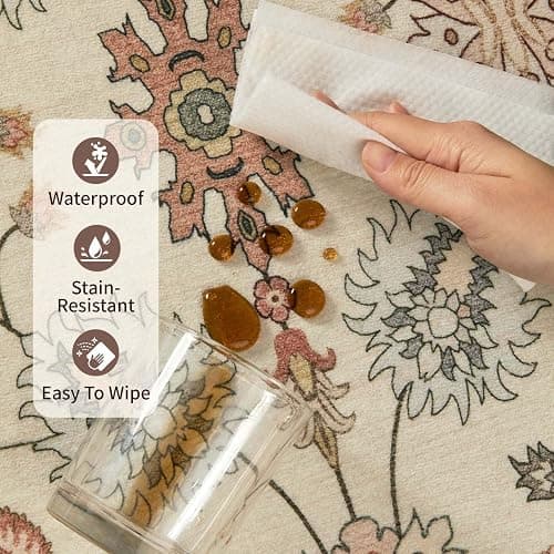 Rugxara Floral Rug for Living Room Bedroom, 5x7 Washable Rug, Vintage Boho Area Rug, Large Non Slip & Low Pile Wool Carpet for Indoor Dining Room, Girls Room, Nursery Room and Kids Room(Apricot 5x7ft) thumbnail 8