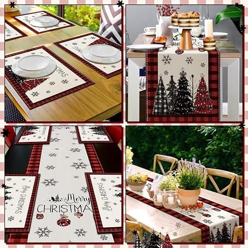 Patelai 7 Pcs Christmas Table Runner and Placemats Set Merry Christmas Buffalo Plaid Table Runner Xmas Placemats Red Black for Holiday Kitchen Dining Room Decor Party Wedding Decoration thumbnail 6