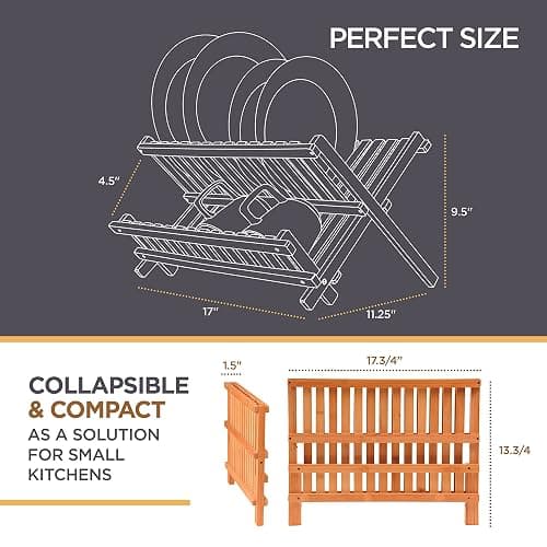 Dish Drying Rack - Bamboo Dish Rack for Kitchen Counter, Collapsible 2-Tier Wooden Drying Rack for Dishes, Plates, Cups, Utensils - Foldable Dish Drainer, Space-Saving Kitchen Drying Rack Organizer thumbnail 3