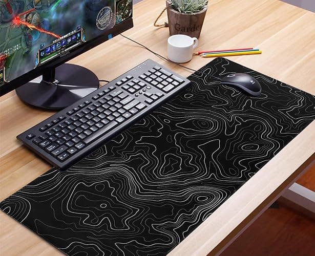 Niviy Tapis de Souris XXL 900X400mm sous Main Ergonomique pour Bureau/Maison Base en Caoutchouc Antidérapante Tapis de Bureau à Bords Cousus Noir Topographic Contour thumbnail 7