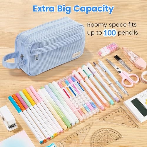 Sooez High Capacity Pencil Case, Soft Corduroy Pencil Pouch with 4 Compartments, Multiple Pockets, Large Pencil Bag with Sturdy Zipper, Cute Pencil Case Pouch Organizer for Student Teen Girls, Beige thumbnail 4