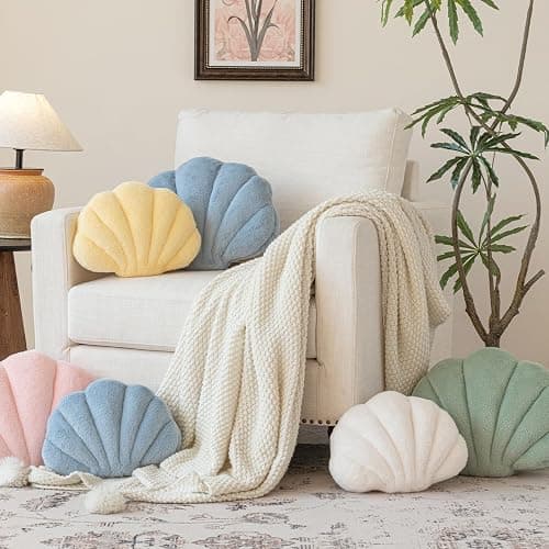 Znhinery Shell Pillow, Seashell Throw Pillow with Soft Rabbit Plush for Couch Bed, Shell Shaped Decorative Ocean Pillow Stylish Beach Cushion Room Decor Aesthetic for Bedroom Livingroom thumbnail 2
