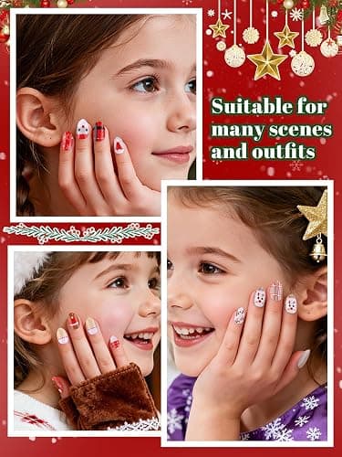EBANKU Christmas Kid Press on Nails, 72Pcs Xmas Almond Fake Nails Kit Full Cover Christmas Theme Design False Nail with Nail Glue for Girl thumbnail 4