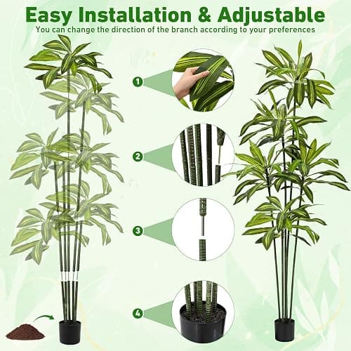 Giegxin 2 Pack 6 FT Artificial Dracaena Tree, Indoor Fake Tree with Black Stable Planter, Natural Wood Trunk & Lifelike Leaves Dracaena Plants for Home Living Room Porch Office Housewarming Gift thumbnail 3