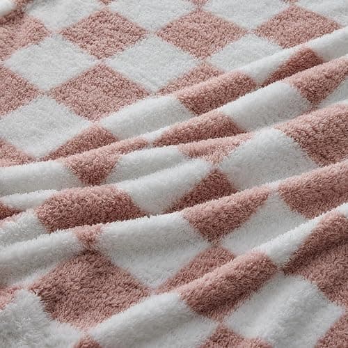 NEWCOSPLAY Knitted Pink White Checkered Blanket Super Soft Plush Throw for Couch Fuzzy Fluffy Microfiber Lightweight Blanket for Bed Sofa All Season Use (Pink White, Twin(60"x80")) thumbnail 5