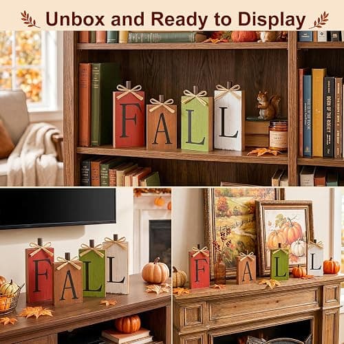 OLANRUN Fall Decorations for Home, Fall Decor - 4Pcs Vintage Wooden Autumn Thanksgiving Decorations for Table Indoor Home Office Farmhouse Kitchen Room Bedroom Mantel Tiered Tray Rustic Wood Signs thumbnail 6