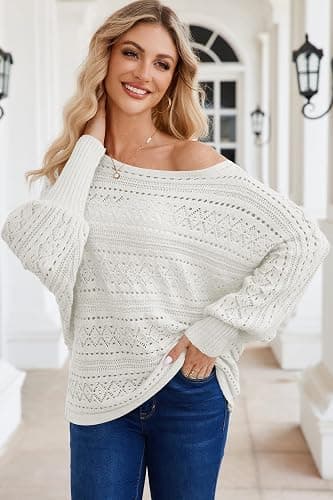 Cakulo Womens Off Shoulder Sweater Top Fall Outfits Fashion 2025 Oversized Knit Batwing Long Sleeve Crochet Pullover Sweaters thumbnail 7
