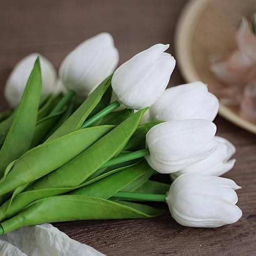 FUNZON 20 PCS Tulips Artificial Flowers, Real Touch Fake Flowers, White Artificial Tulips That Look Real Wedding Decorations Mother's Day Easter Gifts (20, White) thumbnail 7