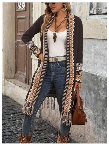 MakeMeChic Women's Fringe Long Cardigan Sweaters Boho Western Sweater | Open Front, Winter Fall Sweater, Cowgirl, Western Outfits, Winter Fall Outfits thumbnail 2