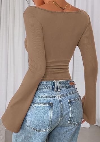 PRETTYGARDEN Womens Long Sleeve Shirts 2026 Spring Crop Going Out Tops Casual Boat Neck Bell Sleeve Ribbed Ruched Y2K Clothes thumbnail 6