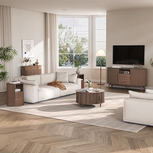 JOINICE,Round Coffee Table with Storage,Fluted Center Table with Sliding Cabinet Door for Living Room,Home Small Space,31.5" Small Center Table,Walnut thumbnail 6
