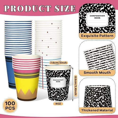 Qinyoung 100 Pcs Back to School Paper Cups 9 oz Pencil Notebook Crayon Composition Book Paper Cups First Day of School Disposable Drinkware for Preschool Kindergarten Graduation Party Supplies thumbnail 3