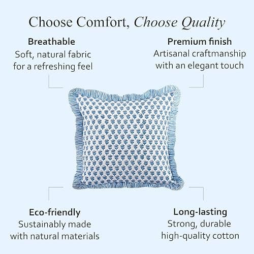 CPC Apatite Blue 100% Cotton Block Print Ruffle Pillow Cover 16X16 inch, Handmade Boho Floral Pillowcase, Farmhouse Cottagecore Bedding, Soft Decorative Cushion Cover for Bedroom Décor thumbnail 6