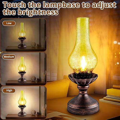 LEDIKON Touch Control Vintage Table Lamp | 3-Way Dimmable Rustic Retro Farmhouse Bedside Lamp with Amber Glass Shade and LED Bulb for Bedroom, Living Room, Cabin, Office thumbnail 3