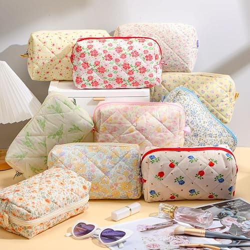 Paterr 10 Pcs Quilted Makeup Bag Bulk Cotton Floral Cosmetic Bag Women Girls Bridesmaid Gifts Cute Makeup Pouch Coquette Aesthetic Travel Toiletry Organizer(Classic Style,7.87 x 4.72 x 3.15 Inches) thumbnail 2
