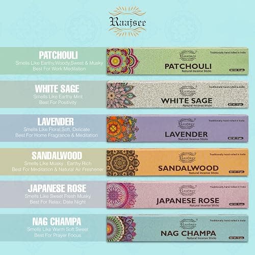 raajsee Incense Sticks 6 Pack Variety Set 15gm Each, Nag Champa- Jasmine - vanila-Japanese Rose-White Sage,100% Organic Hand Rolled- Perfect for Yoga, Meditation,Aromatherapy thumbnail 4