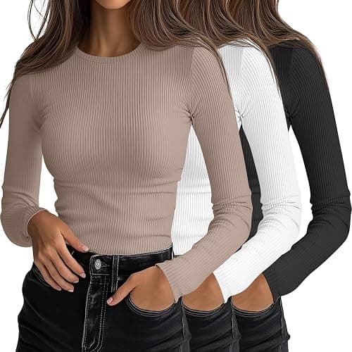 Ficerd 3 Pack Women's Ribbed Long Sleeve Tops, Crew Neck Slim Fit Undershirts Knit Basic Casual Stretch Layering Tee Shirts - Image 1