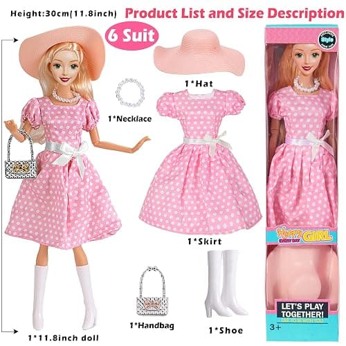 iBayda 6 Pack Fashion 11.5 inch American Toy Prinecess Dolls Playset with Outfits Dress Design and Accessories Like Handbag Hat Crown Necklace Suitcase (Gift Box Package) thumbnail 8
