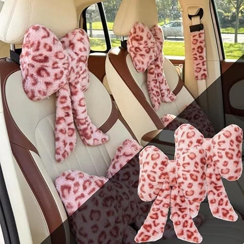 UINSUE Car Neck Pillow 2PCS Plush Bowknot Car Headrest Pillow – Comfortable Neck Support for Driving Soft Touch Fabric Car Pillow Cute Girl-Style Interior Decor (Pink Leopard) - Image 1