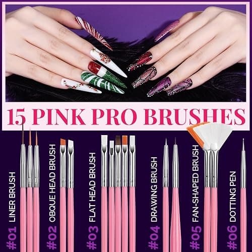 FANDAMEI Nail Art Brushes, Nail Art Kit with 15 Pcs Nail Art Brush, 5 Pcs Dotting Tools, 6 Box Nail Charms and Gems, 10 Sheet Flower Nail Stickers, Complete Nail Decoration Art with Nail Art Brushes thumbnail 5