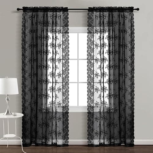 Kotile Black Lace Curtains 84 Inches Long - Vintage Floral Black Sheer Curtains 2 Panels, Gothic Sheer Lace Curtains for Living Room, Rod Pocket Privacy Sheer Window Curtain, 52 x 84 Inch thumbnail 3