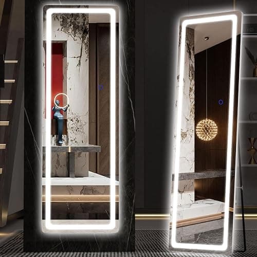 Hasipu Full Length Mirror with Lights, 56" x 16" LED Floor Mirror, Full Body Dressing Standing, Hanging Mounted Mirror for Living Room Bedroom Cloakroom, Round White - Image 1