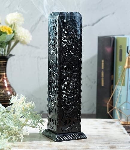 Crocon Black Marble Soapstone Incense Stick Burner Square Shape Leaf & Half Wheel Carving Tower Burner | Tea Light Candle Holder | Decorative Home & Kitchen Size - LxWxH 3X3X11 Inch thumbnail 7