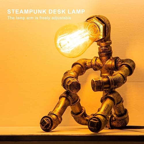 Steampunk Table Lamp, Vintage Industrial Metal Robot Table lamp, Water Pipe Table Lamp, Robot Style Desktop Light for Bedside Desk Bar Cafe Desktop Room Decoration (Not Included Bulb) thumbnail 4