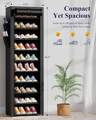 Kitsure Shoe Rack - 10-Tier Large Capacity Shoe Organizer Shelf with Dust Cover & Side Pockets, Rust-Proof Metal Shoe Rack for Closet, Entrance, Living Room, 17.5" x 12.4" x 69.3", Black thumbnail 3