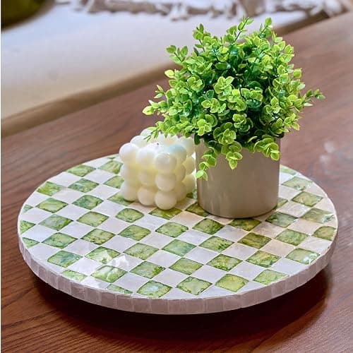 CHI AN HOME 12" Checkered Lazy Susan for Tabletop, Handcrafted Mother of Pearl Turntable Organizer for Kitchen Counter, Coffee Table, Bathroom, Dining or Organizing (Pistachio Green) - Image 1