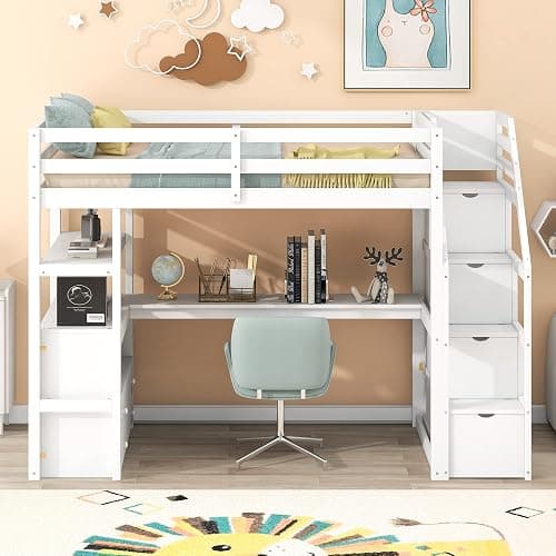 Harper & Bright Designs Twin Size Loft Bed with Desk Staircase and Storage Drawers, Solid Wood Loft Bed Frame with Shelves for Kids Adults Teens, White - Image 1