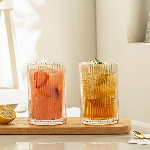 POLIDREAM Vintage Ribbed Glassware Set: 6pcs 16.9oz Drinking Glasses, Fluted Ripple Drinkware, Origami Style, Elegant Glassware for Whiskey, Cocktail, Iced Coffee, Juice, Beer, Soda thumbnail 7
