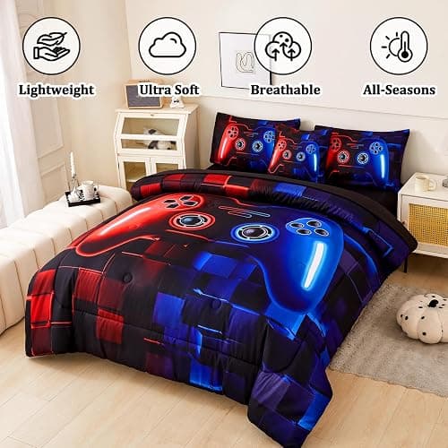 ASKOTU 6 Pcs Full Boys Bedding Set, Red Blue Gamer Comforter Set for Boys with Sheets, Microfiber Geometric Gamer Full Size Bedding Set for Boys - Red-blue - Full-6pcs thumbnail 5