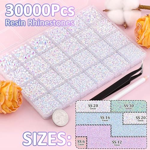 30000Pcs White AB Rhinestones for Bedazzling with B7000 Jewelry Glue, Bedazzler Kit Flatback Gems, Resin Rhinestones for Crafting Crafts Clothing Shoes Fabric Nail Art Assorted Size 2/3/4/5/6mm thumbnail 2