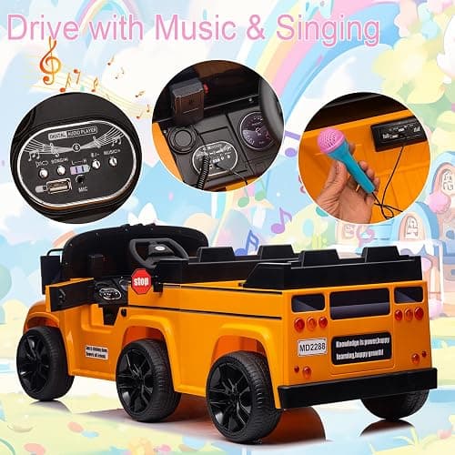 POSTACK 24V Kids Ride on School Bus, 2 Seater Ride on Car with Remote Control, Battery Powered Cars for Kids Boys Girls, Electric Ride on Toy with Microphone, Music, Yellow thumbnail 3