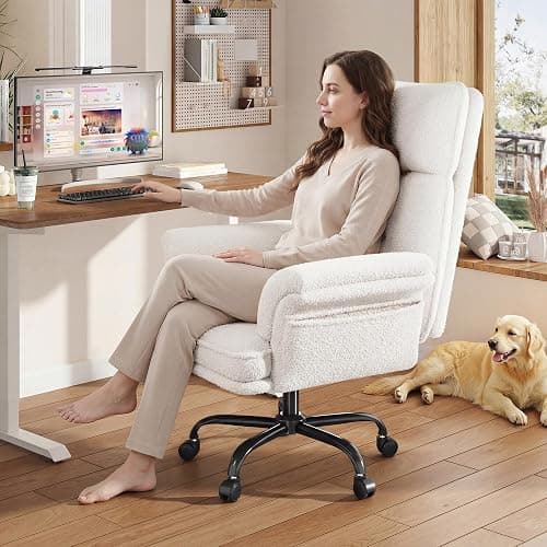 Criss Cross Chair with Armrests & Wheels for Cross-Legged Sitting，Ergonomic Computer Gaming Chair with Two Side Pockets，Teddy Plush Wide Seat Reclining Desk Chair for Home,Office,Beige thumbnail 9