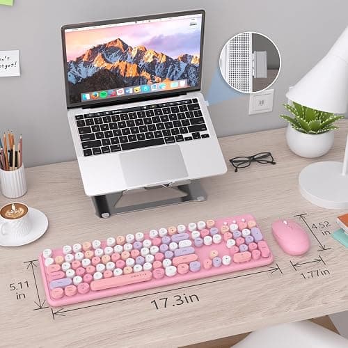 UBOTIE Colorful Computer Wireless Keyboard Mice Combo, Retro Typewriter Flexible Keys Office Full-Sized Keyboard, 2.4GHz Dropout-Free Connection and Optical Mouse (Pink-Colorful) thumbnail 6