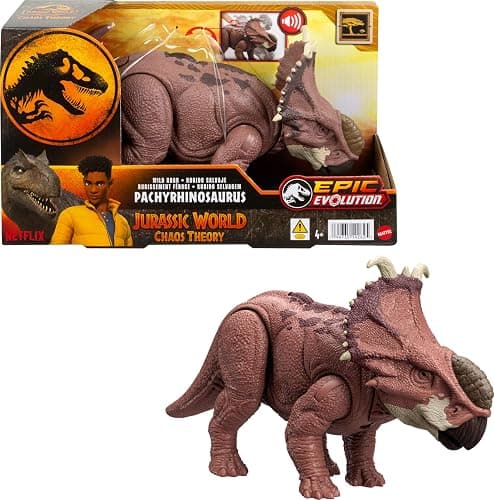 Mattel Jurassic World Wild Roar Dinosaur Action Figure, Pachyrhinosaurus with Continuing Head Strike & Sound, Posable Toy with Digital Play - Image 1
