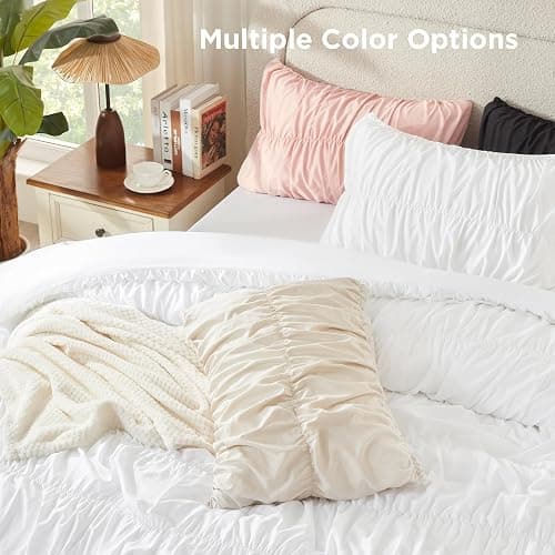Andency Ruched White Queen Comforter Set, Shabby Chic Pleated Bedding Sets 3 Pieces, Lightweight Soft Boho Ruffle Bed Set for Girls, Kids, Women, All Season thumbnail 7